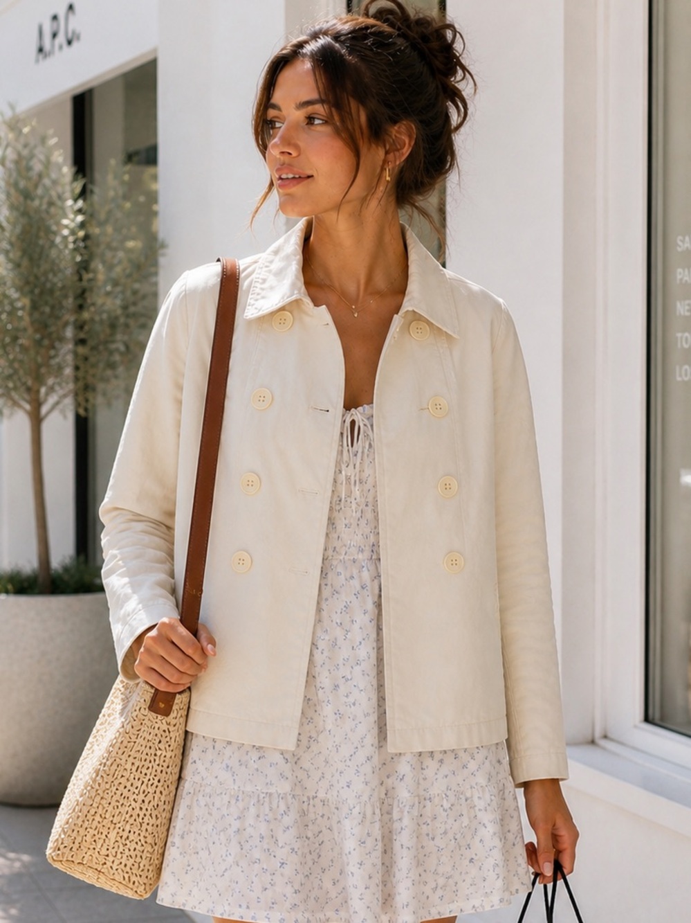 Gap Double Breasted Long Sleeve Lightweight Jacket Cream M